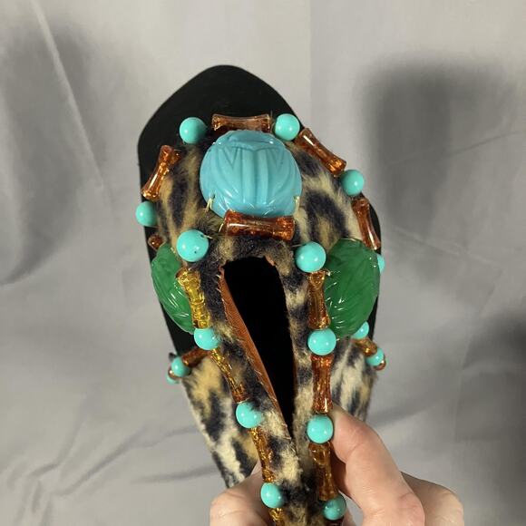 Egyptian Scarab Hat Headdress Fitted Womens Leopard Print Beaded Turquoise Black - Picture 12 of 16
